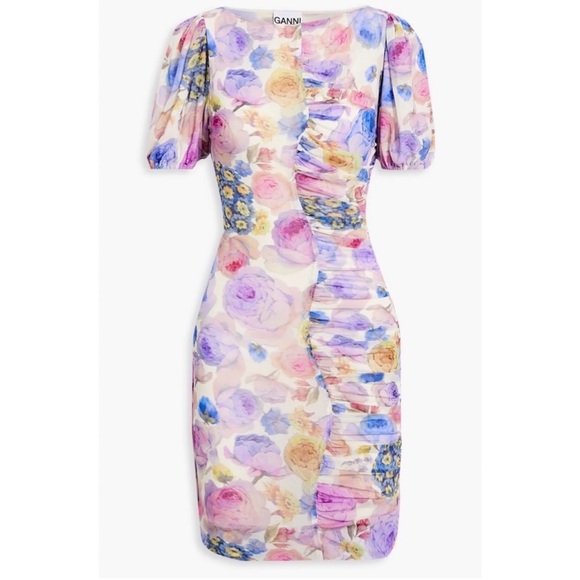 Ganni Ruched Floral-Print Mesh Mini Dress Size Small EUC - Picture 4 of 10